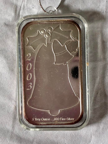 2003 1 Troy Ounce .999 Fine Silver Christmas Bell Bar – Peace Angel Design