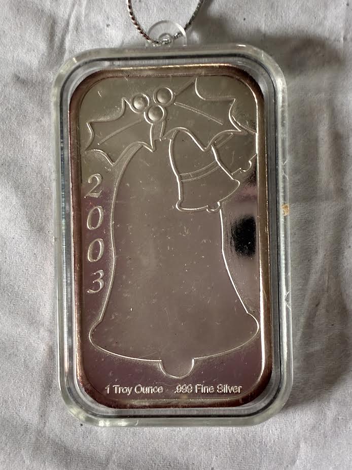 2003 1 Troy Ounce .999 Fine Silver Christmas Bell Bar – Peace Angel Design