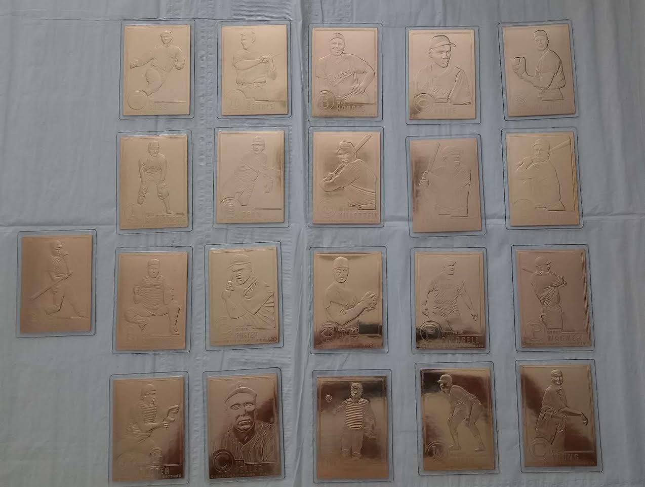 Full set of 21 Danbury Mint 22kt gold baseball cards displayed on white background