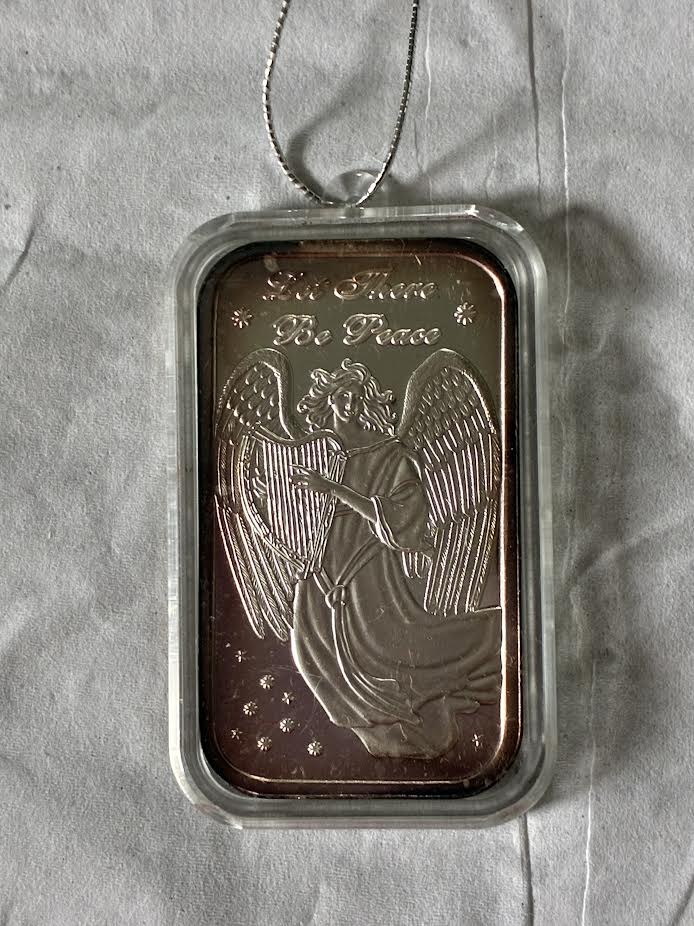 2003 1 Troy Ounce .999 Fine Silver Christmas Bell Bar – Peace Angel Design