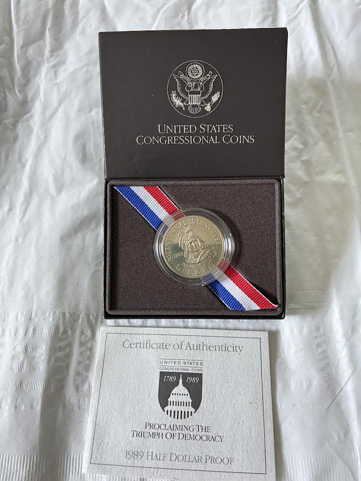 1989 Congressional Half Dollar Proof obverse in presentation box with COA