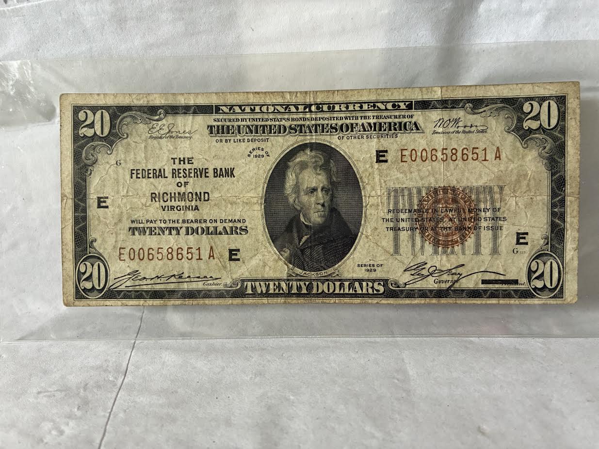 1929 $20 Federal Reserve Bank of Richmond Brown Seal National Currency Note – Fr. 1801-2 Type 1