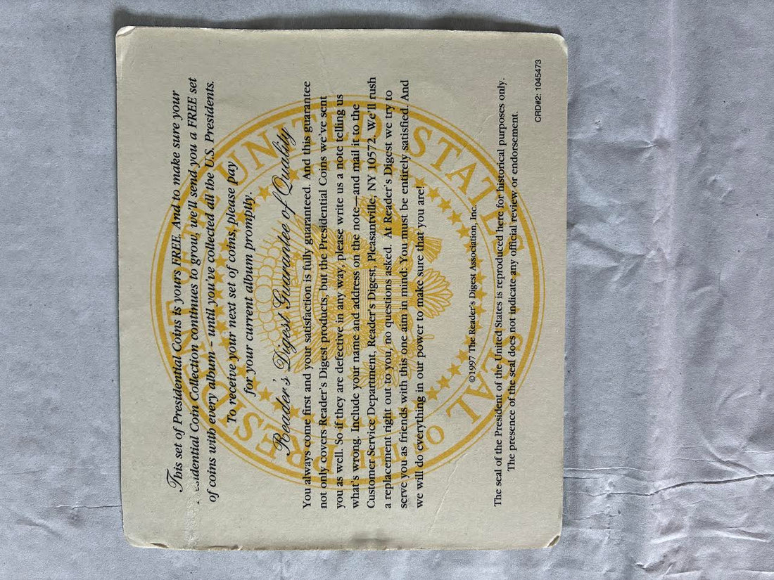 Reader's Digest Presidential Coin Collection - back of package with guarantee and seal