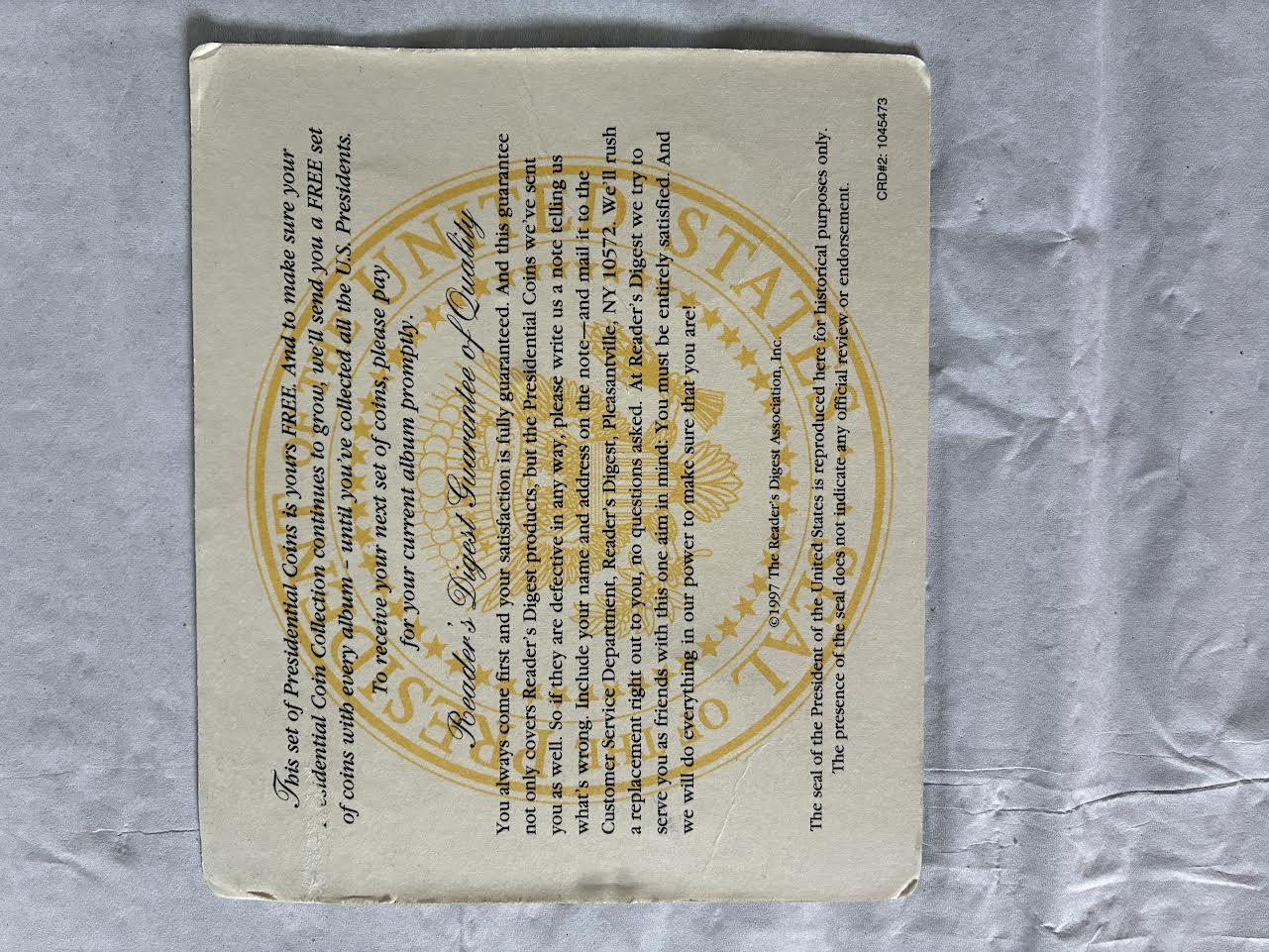 Reader's Digest Presidential Coin Collection - back of package with guarantee and seal