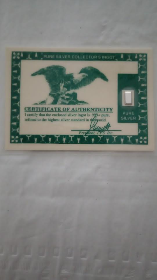 Pure Silver Collector's Ingot with Certificate of Authenticity from PPS Inc