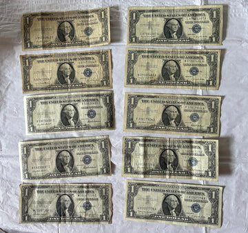 Lot of 10 United States $1 Silver Certificate Blue Seal Bills (1935–1957)