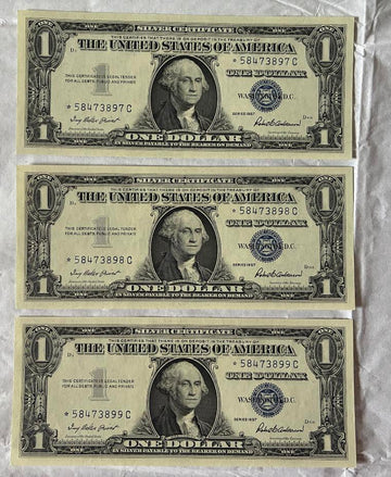 1957 $1 Silver Certificate Star Notes – Consecutive Three-Note Set