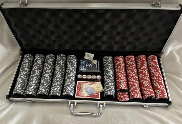 300-piece poker chip set in aluminum carrying case with Bicycle cards and dice