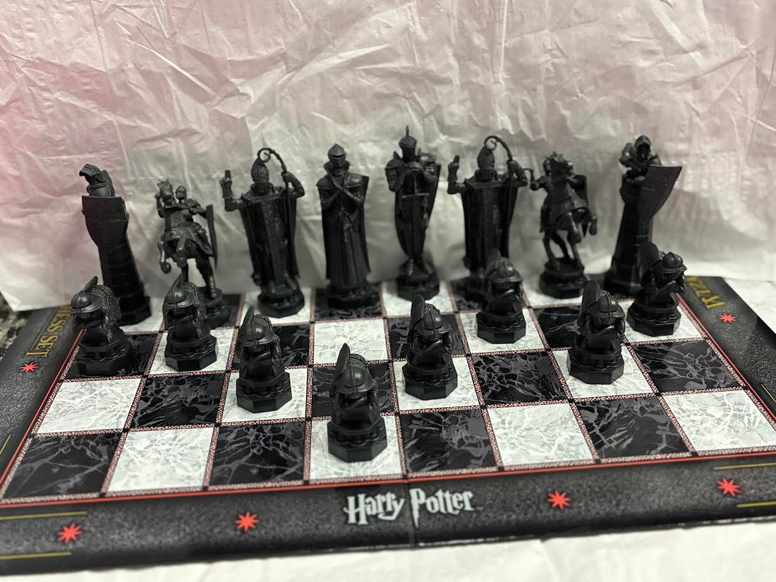 Harry Potter Wizard Chess Set white pieces on display tray