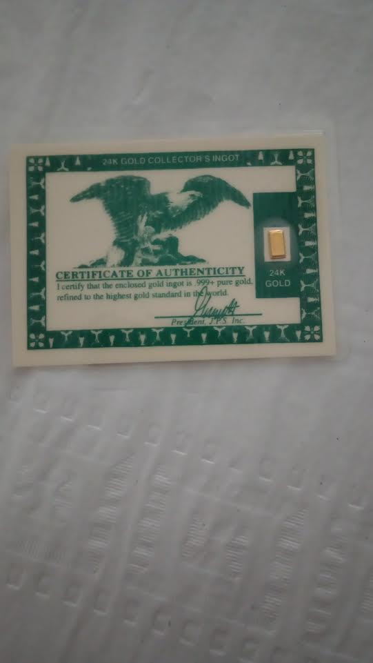 24K Gold Collector's Ingot with Certificate of Authenticity front view