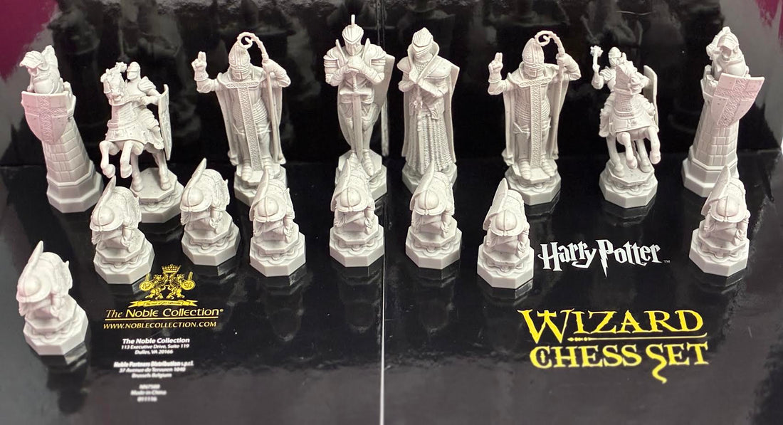 Harry Potter Wizard Chess Set white pieces on display tray