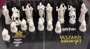 Harry Potter Wizard Chess Set white pieces on display tray