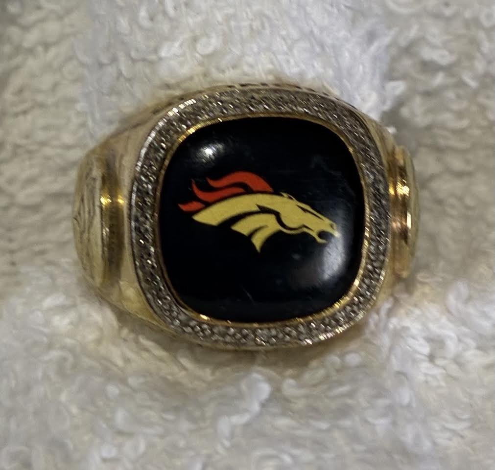 Denver Broncos ring top view showing diamond accent halo and Broncos logo