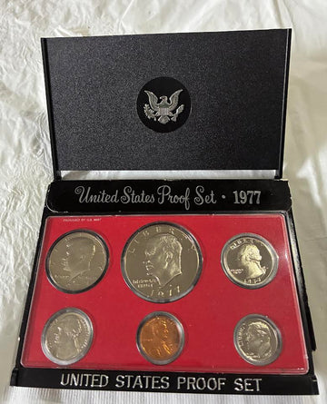 1977 United States Proof Set in original black clamshell case with 6 proof coins including Eisenhower dollar