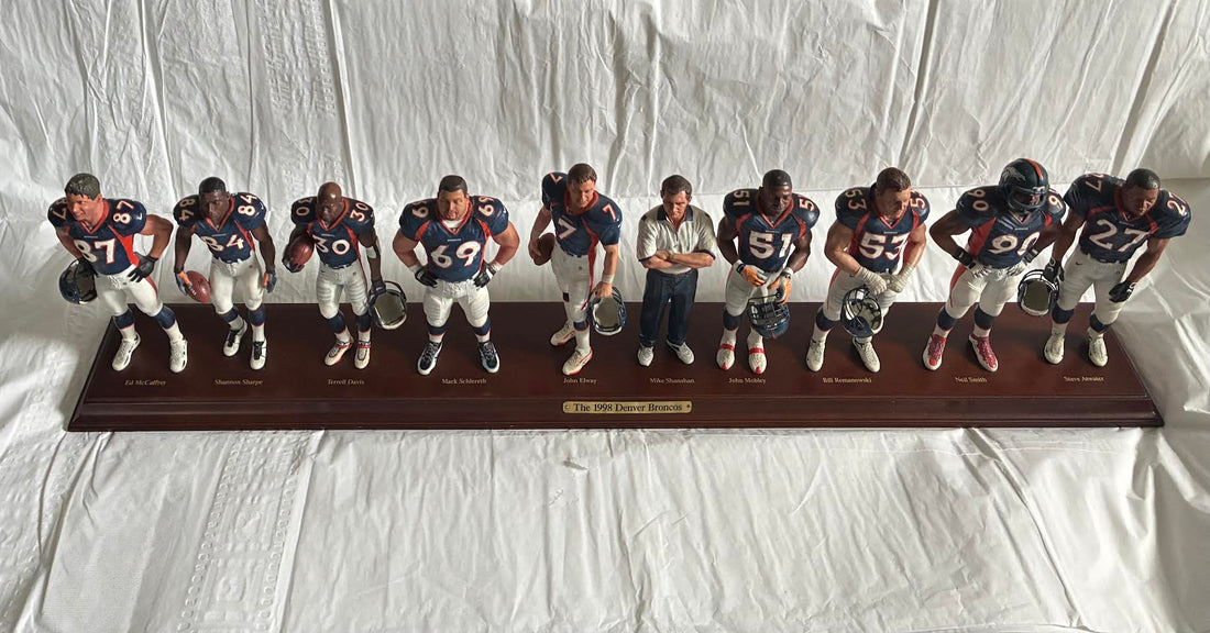 1998 Denver Broncos figurine set front view on wooden base