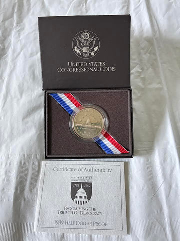 1989 Congressional Half Dollar Proof reverse in presentation box with COA