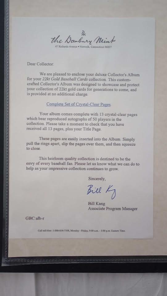 Danbury Mint letter of authenticity from Bill Kang Associate Program Manager