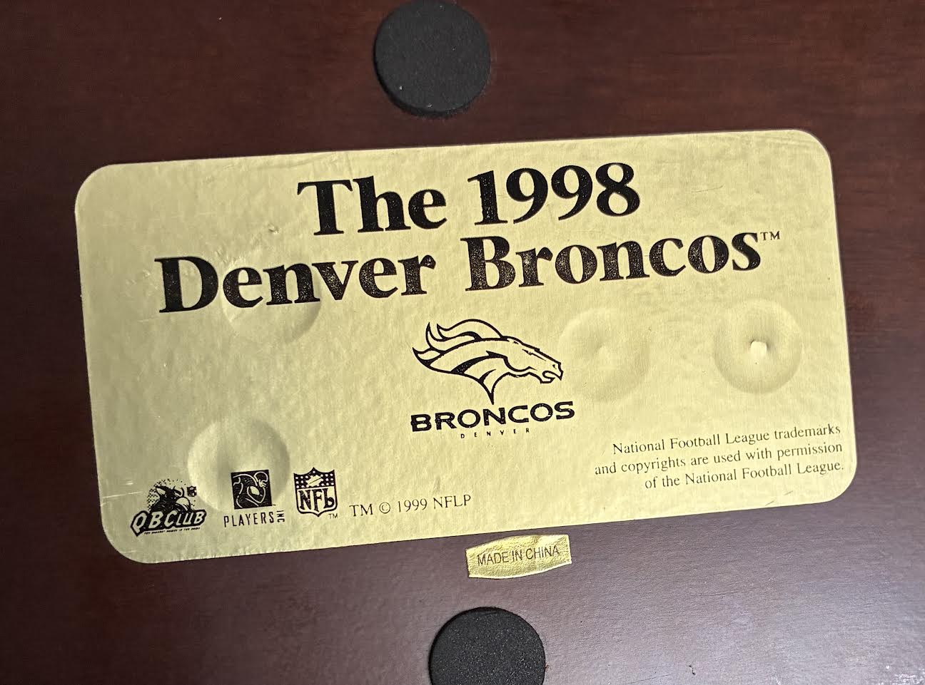 Official 1998 Denver Broncos NFL licensing label