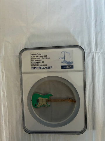 2023 Solomon Islands $2 Fender Stratocaster Guitar-Shaped Silver Coin Daphne Blue NGC Reverse PF 70 First Releases