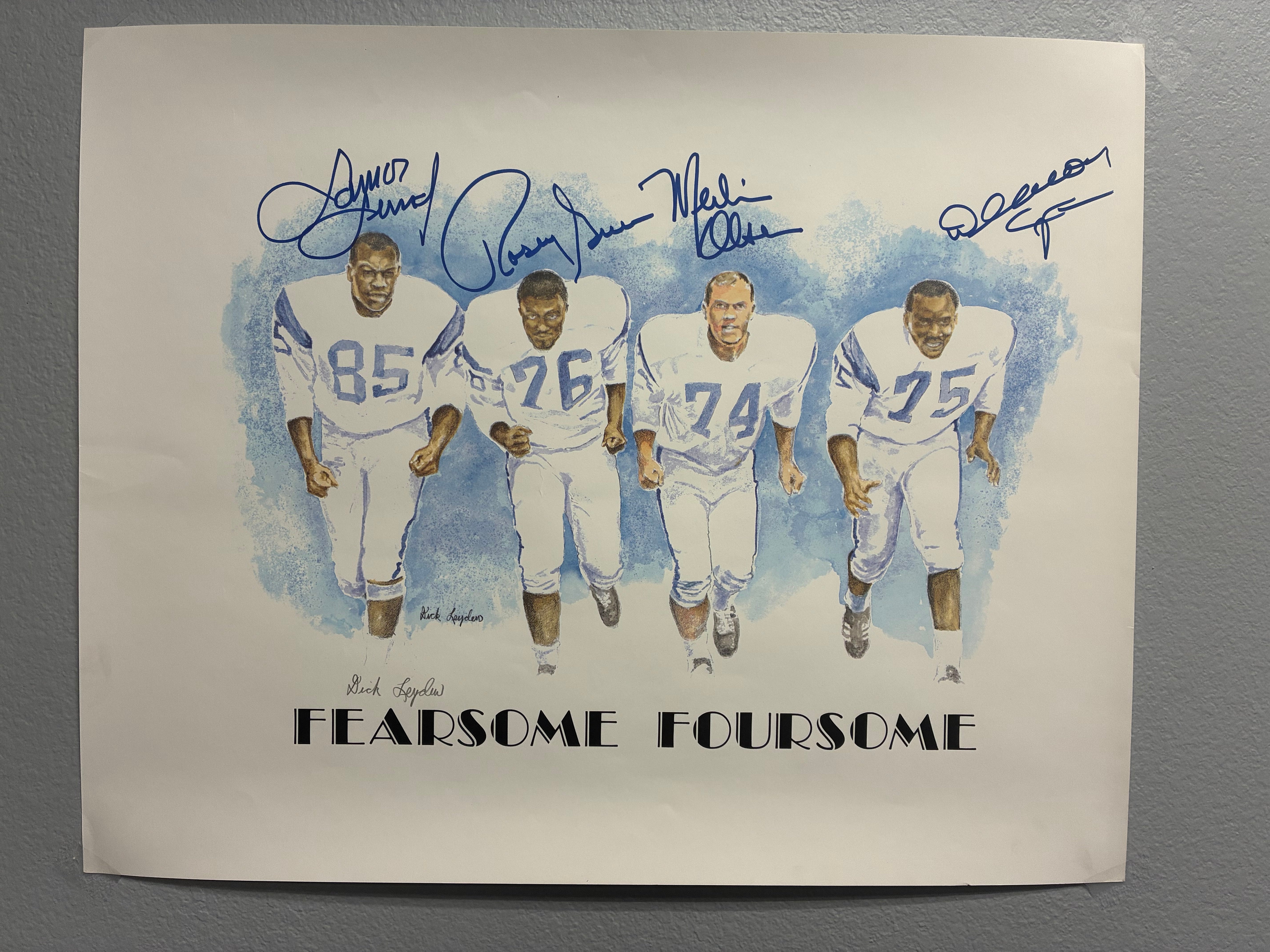 LA Rams "Fearsome Foursome" Limited Edition Signed Print by Dick Leyden – Deacon Jones, Merlin Olsen, Rosey Grier & Lamar Lundy (20" x 16")