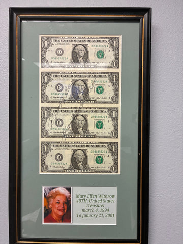 Signed Mary Ellen Withrow Framed Uncut 1993 $1 Federal Reserve Notes Display – 4 Consecutive Bills