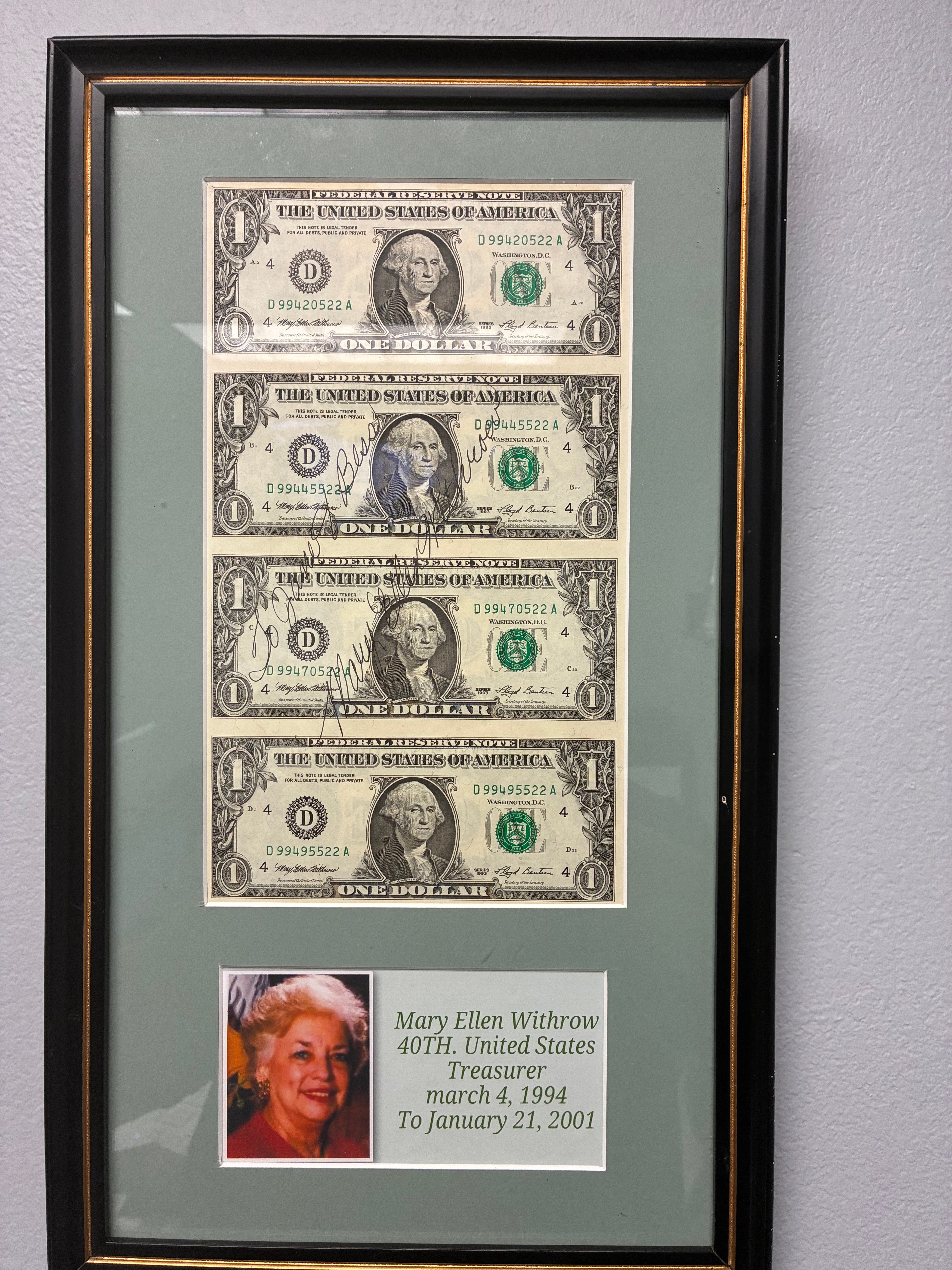 Signed Mary Ellen Withrow Framed Uncut 1993 $1 Federal Reserve Notes Display – 4 Consecutive Bills