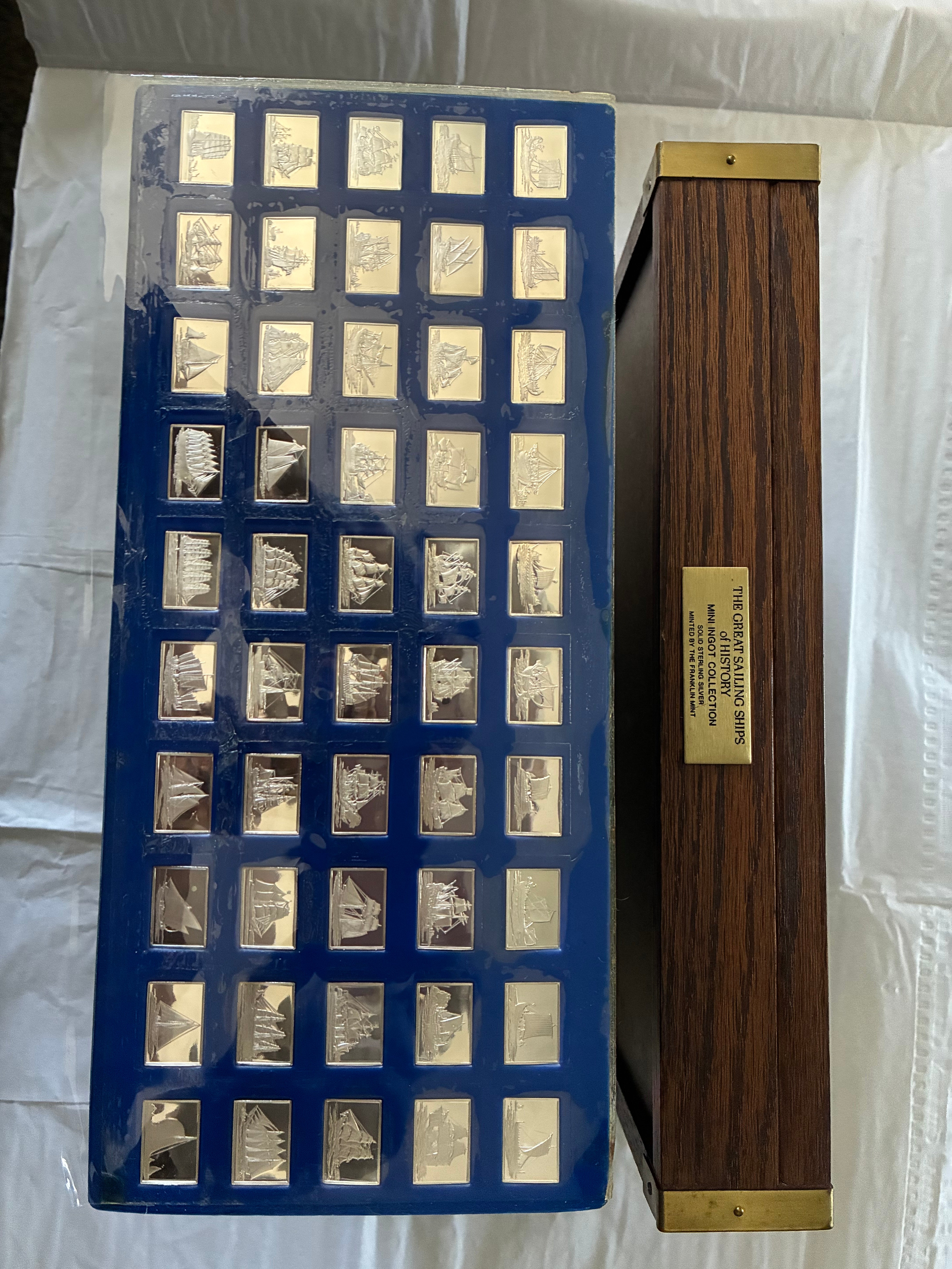 Franklin Mint Great Sailing Ships of History Sterling Silver Mini Ingot Collection w/ Wood Display Case