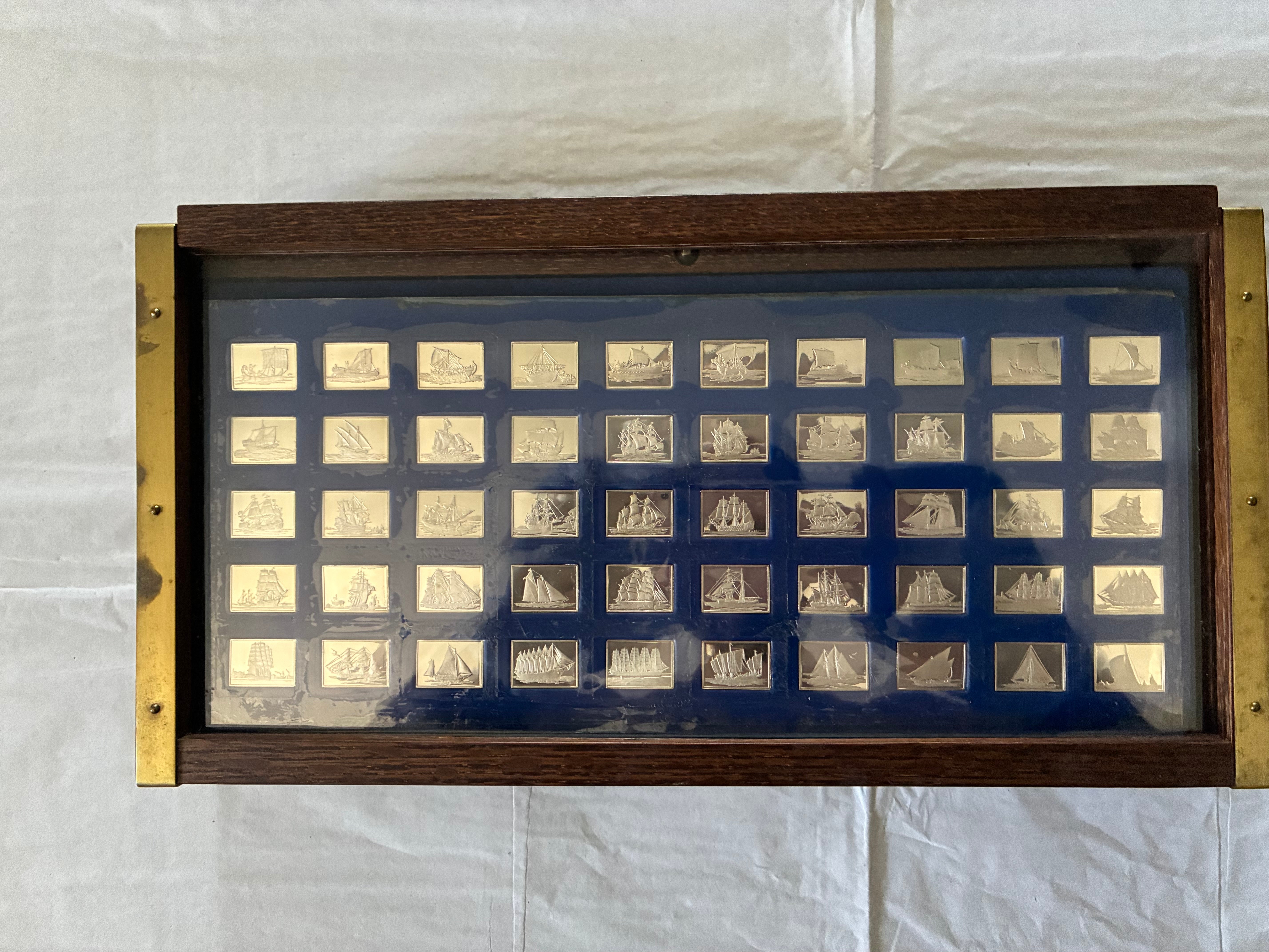 Franklin Mint Great Sailing Ships of History Sterling Silver Mini Ingot Collection w/ Wood Display Case