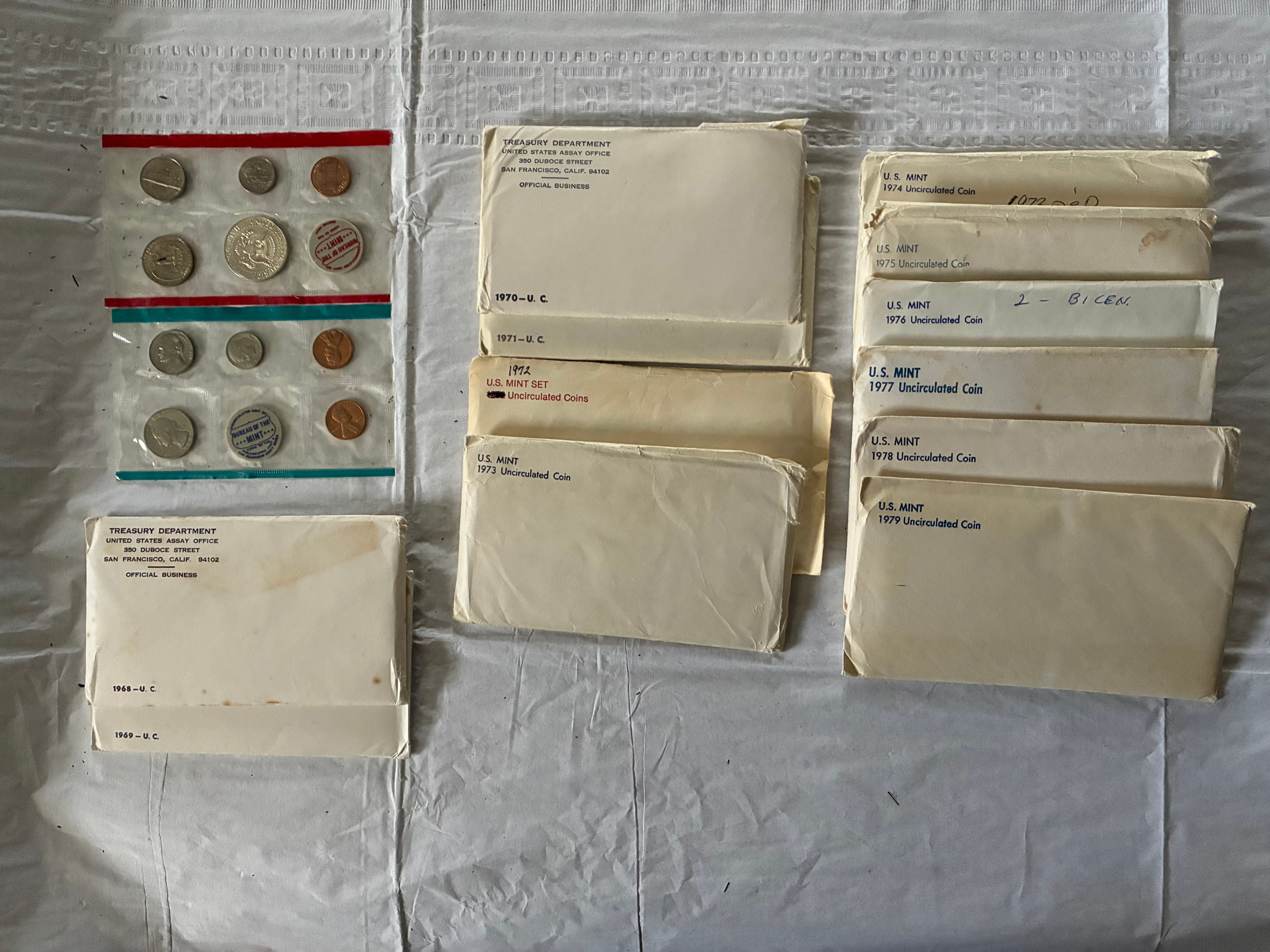 1968–1979 Complete Run of 12 U.S. Mint Uncirculated Coin Sets in Original Government Envelopes