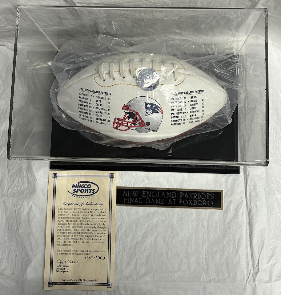 New England Patriots Grand Finale Foxboro football in acrylic display case with COA