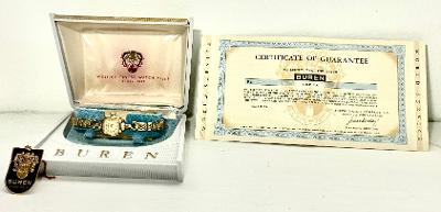 Vintage Buren ladies watch with original box, pin, and Certificate of Guarantee