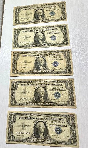 Lot of 5 vintage US $1 Silver Certificates