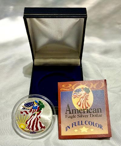 2000 American Eagle Silver Dollar In Full Color obverse Walking Liberty with presentation box