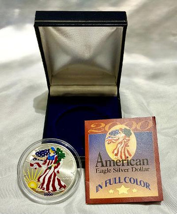 2000 American Eagle Silver Dollar In Full Color obverse Walking Liberty with presentation box